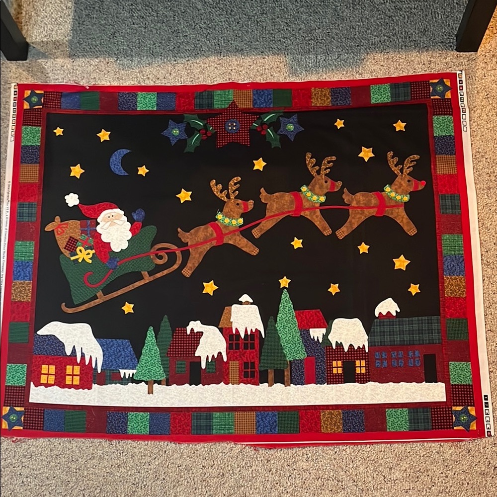Festive Holiday Santa and Reindeer Fabric Panel Cotton Vintage Christmas VIP